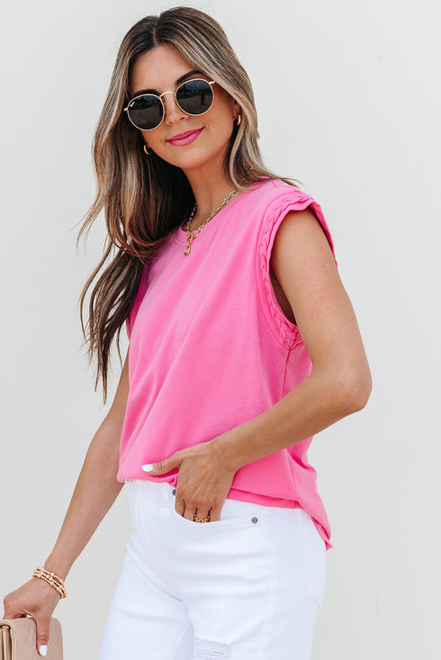 Braided Trim Cap Sleeve Crew Neck Jersey Top