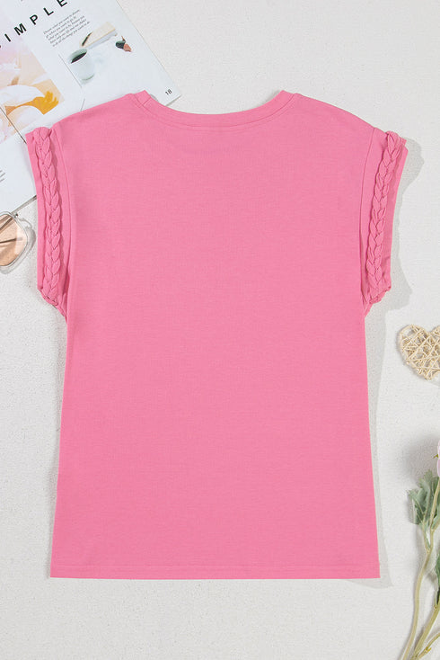 Braided Trim Cap Sleeve Crew Neck Jersey Top