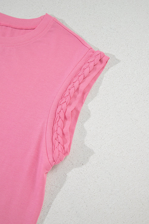 Braided Trim Cap Sleeve Crew Neck Jersey Top