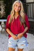 Braided Trim V Neck Half Sleeve Woven Blouse