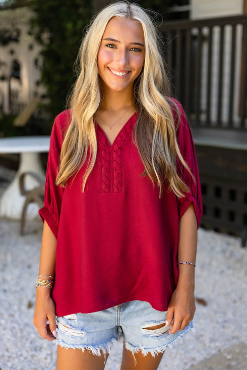 Braided Trim V Neck Half Sleeve Woven Blouse