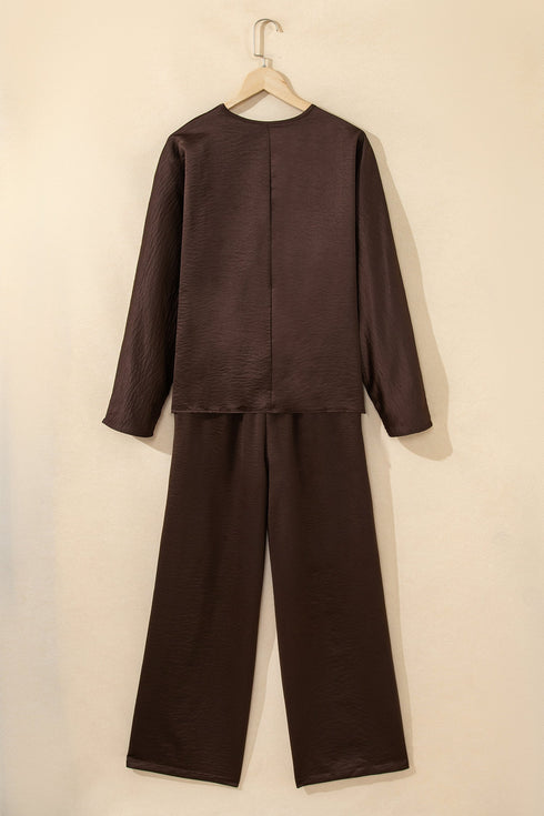 Braided V Neck Long Sleeve Wide Leg Pant Set