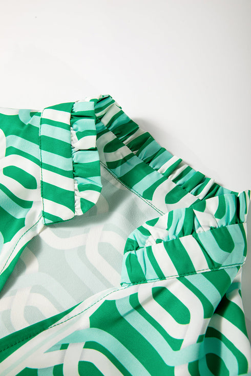 Bright Green Abstract Patterned V Neck Puff Short Sleeve Mini Dress