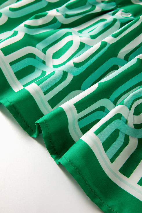 Bright Green Abstract Patterned V Neck Puff Short Sleeve Mini Dress