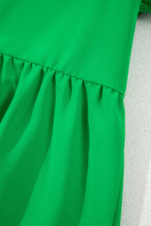 Bright Green Double Ruffle Sleeve Split V Neck Peplum Blouse