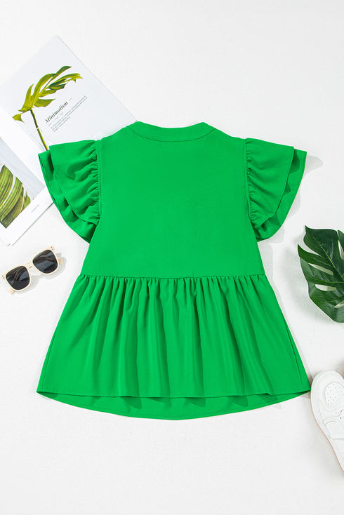 Bright Green Double Ruffle Sleeve Split V Neck Peplum Blouse