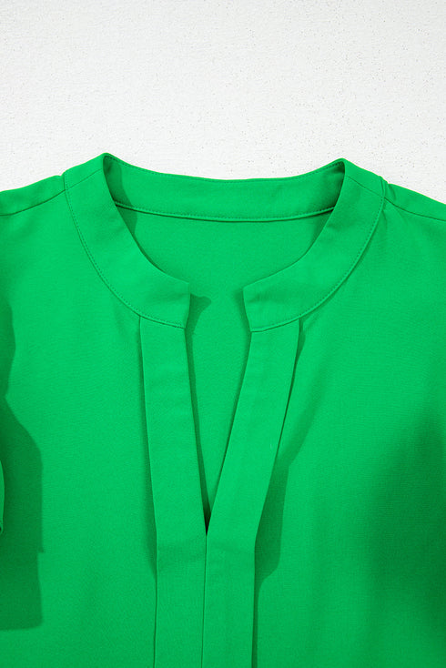 Bright Green Double Ruffle Sleeve Split V Neck Peplum Blouse