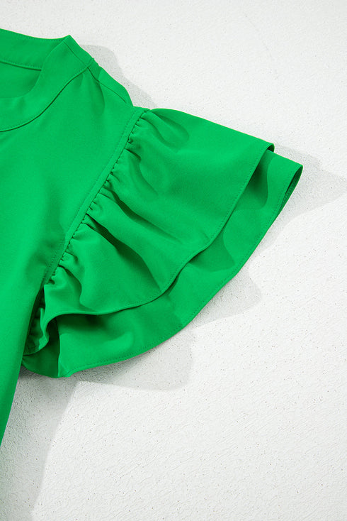 Bright Green Double Ruffle Sleeve Split V Neck Peplum Blouse