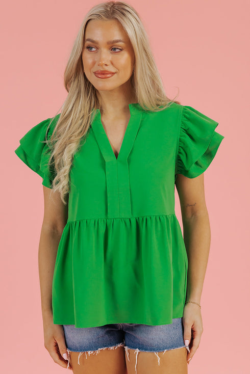Bright Green Double Ruffle Sleeve Split V Neck Peplum Blouse