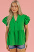 Bright Green Double Ruffle Sleeve Split V Neck Peplum Blouse