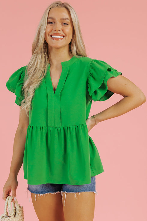 Bright Green Double Ruffle Sleeve Split V Neck Peplum Blouse
