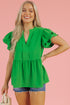 Bright Green Double Ruffle Sleeve Split V Neck Peplum Blouse