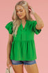 Bright Green Double Ruffle Sleeve Split V Neck Peplum Blouse