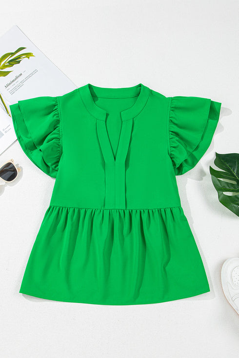 Bright Green Double Ruffle Sleeve Split V Neck Peplum Blouse