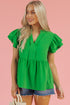 Bright Green Double Ruffle Sleeve Split V Neck Peplum Blouse