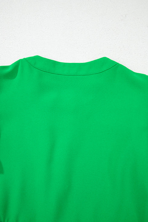 Bright Green Double Ruffle Sleeve Split V Neck Peplum Blouse