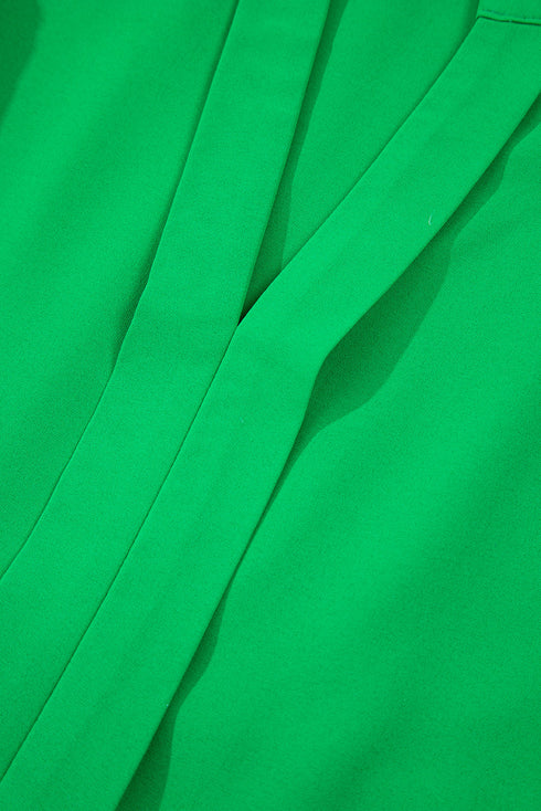 Bright Green Double Ruffle Sleeve Split V Neck Peplum Blouse