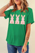 Bright Green Easter Floral Rabbit Print Crew Neck T Shirt