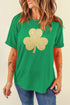 Bright Green Glitter Clover Printed St Patricks Day T Shirt