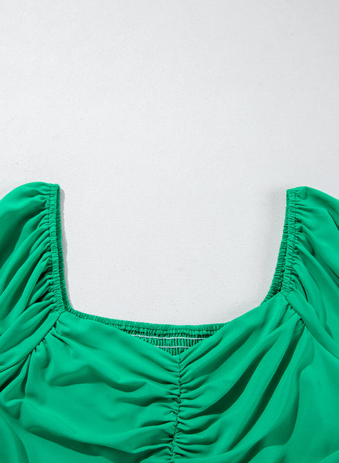 Bright Green Ruched Front Puff Sleeve Plus Size Long Dress