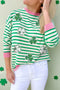 Bright Green Striped Sequin Clover Graphic Colorblock Long Sleeve St Patrick Top