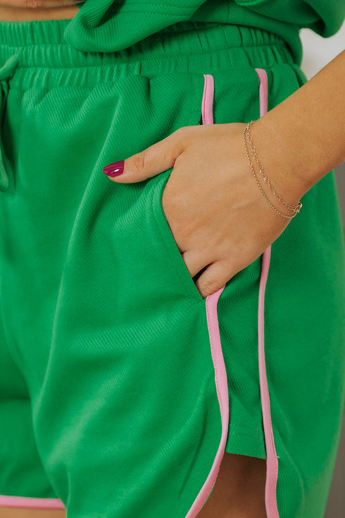 Bright Green Two Tone Contrast Textured Crewneck Tee and Shorts Set