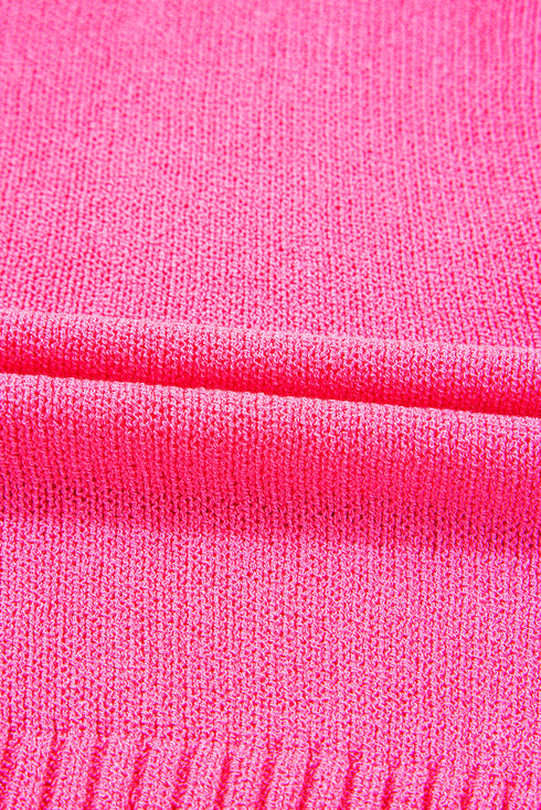 Bright Pink Distressed Hem Short Sleeve Knitted Button Front Sweater