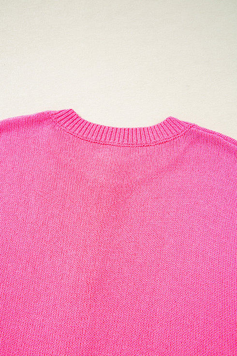 Bright Pink Distressed Hem Short Sleeve Knitted Button Front Sweater