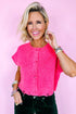 Bright Pink Distressed Hem Short Sleeve Knitted Button Front Sweater
