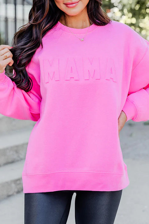 Bright Pink Letter Embossed Casual Sweatshirt