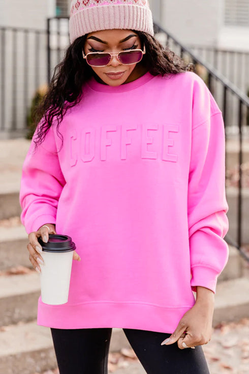 Bright Pink Letter Embossed Casual Sweatshirt