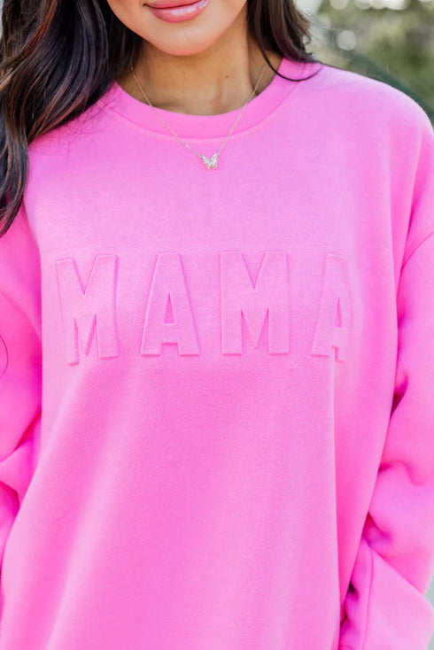 Bright Pink Letter Embossed Casual Sweatshirt