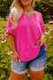 Bright Pink Seamed Back High Low Hem V Neck Cuffed Sleeve Plus Size Tee
