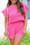 Bright Pink Textured Pearled Ruffle Sleeve Top 2 Piece Shorts Set