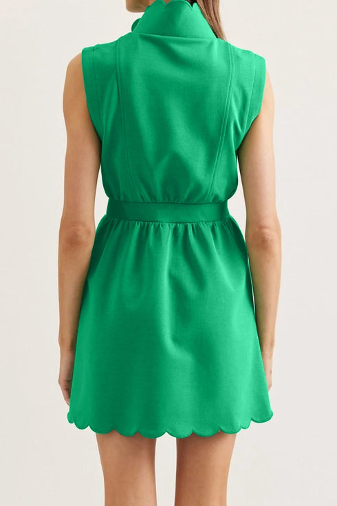 Bright Sleeveless Zip Front Scallop Hem Mini Dress