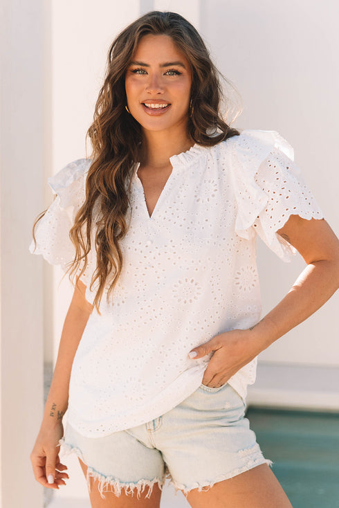 Broderie Anglaise Cotton Ruffle Sleeve High Neck Blouse