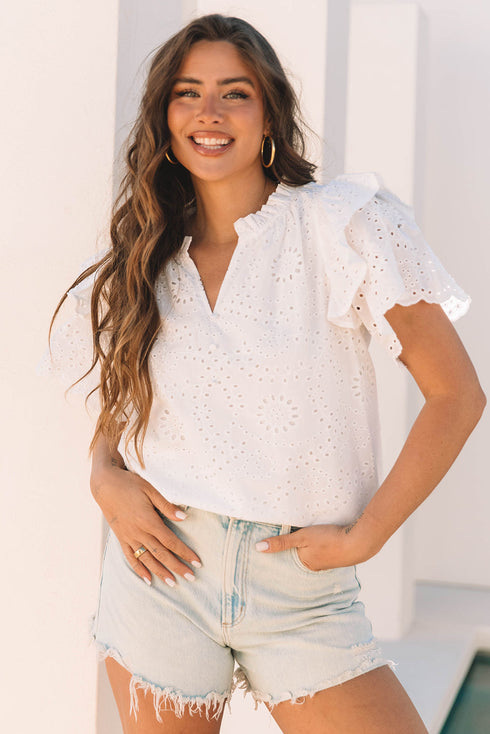 Broderie Anglaise Cotton Ruffle Sleeve High Neck Blouse