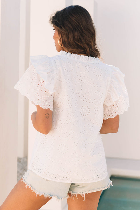 Broderie Anglaise Cotton Ruffle Sleeve High Neck Blouse