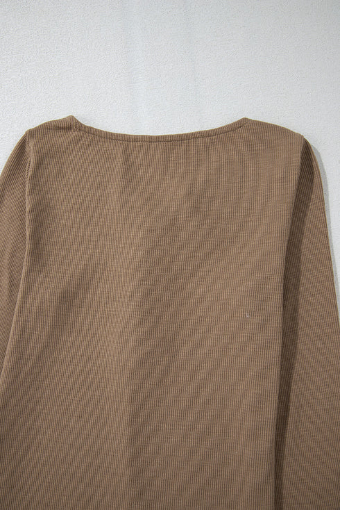 Broderie Anglaise Trimmed Ribbed Knit Fitted Long Sleeve Top