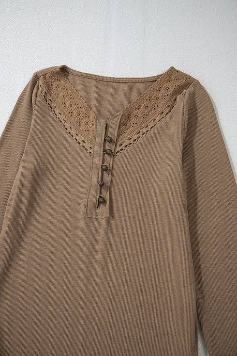 Broderie Anglaise Trimmed Ribbed Knit Fitted Long Sleeve Top