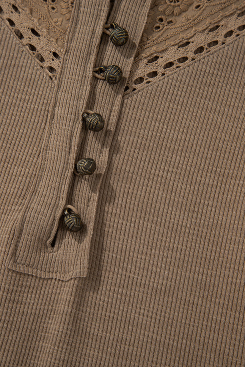 Broderie Anglaise Trimmed Ribbed Knit Fitted Long Sleeve Top