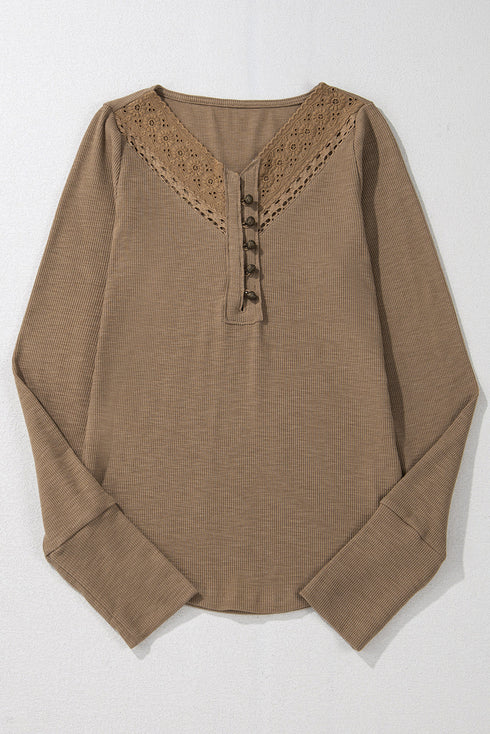Broderie Anglaise Trimmed Ribbed Knit Fitted Long Sleeve Top