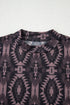 Brown Aztec Print Mock Neck Short Sleeve Mesh T Shirt