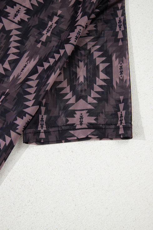 Brown Aztec Print Mock Neck Short Sleeve Mesh T Shirt