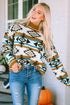 Brown Aztec Striped Knit Ribbed Trim Sweater