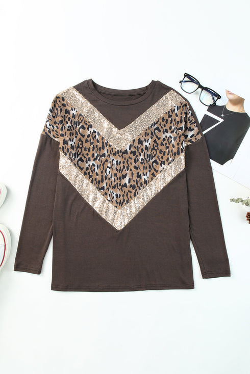 Brown Chevron Sequin Leopard Splicing Long Sleeve Top