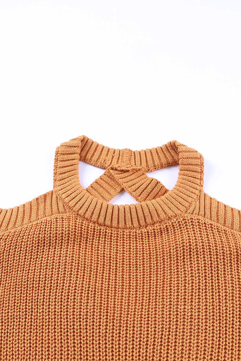 Brown Crew Neck Cold Shoulder Hollow-Out Back Sweater