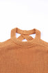 Brown Crew Neck Cold Shoulder Hollow-Out Back Sweater