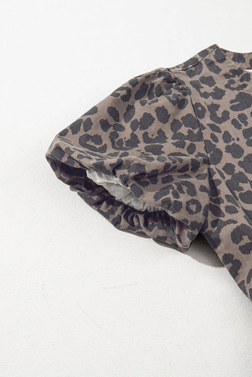 Brown Denim Leopard Printed Short Puff Sleeve Mini Dress