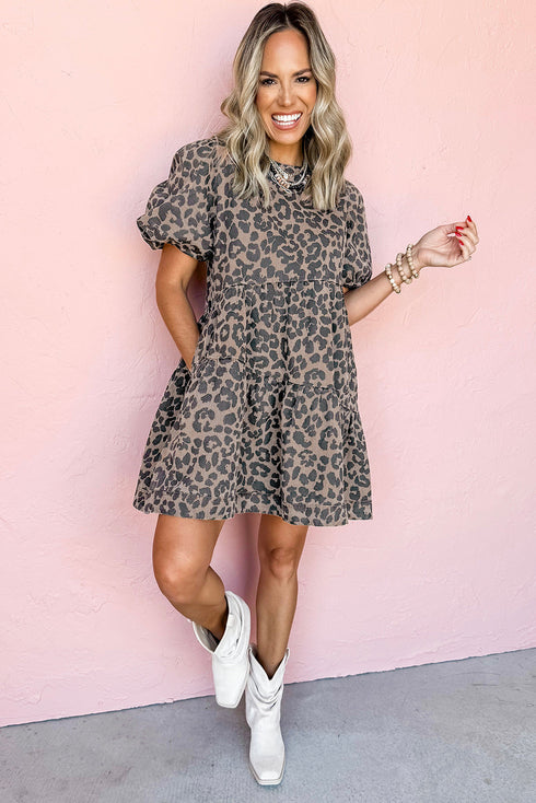 Brown Denim Leopard Printed Short Puff Sleeve Mini Dress